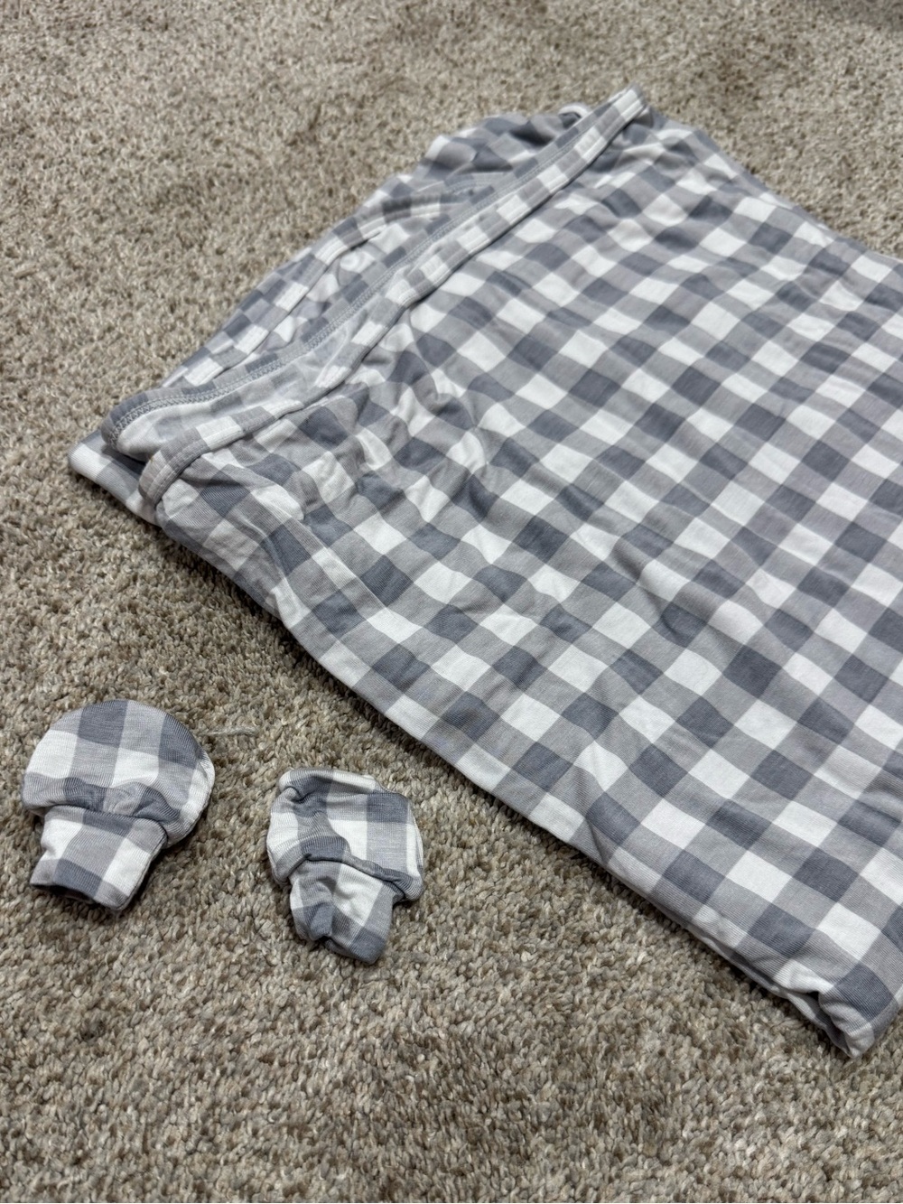Gray and White Gingham Swaddle Blanket with Mitts